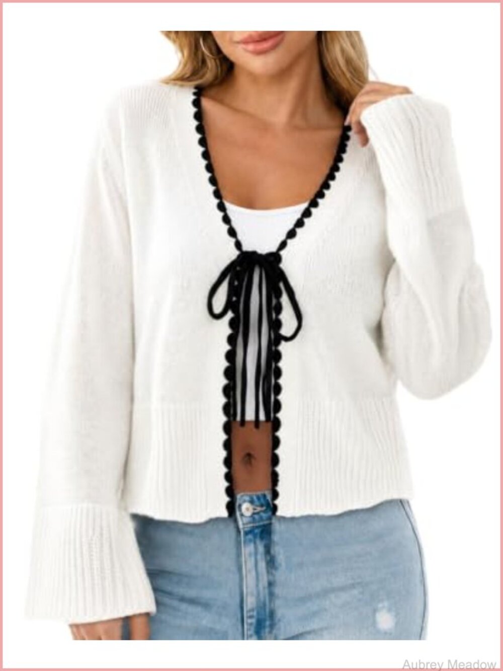 Acrylic Tie Front Crop Cardigan Bell Sleeve Peplum Knit Sweater